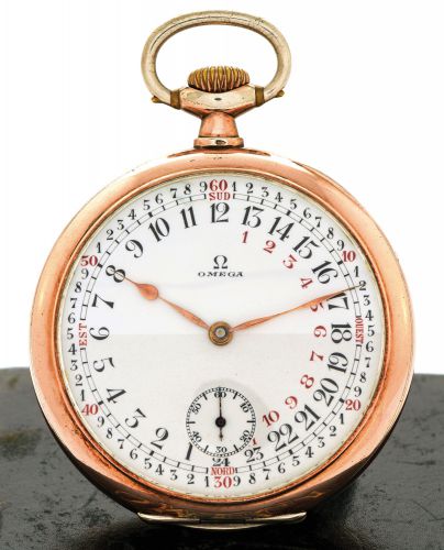 OMEGA COMPASS 24 HOUR DAY AND NIGHT DIAL.Omega, Compass Lépine, movement No. 6652549, case No..7158847, ref. GS 141 LT. Made circa 1927..Fine and very unusual, silver and pink gold capped, keyless.pocket watch with 24-hour day and night dial with points o