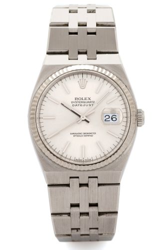 ROLEX, REF. 17014 STEEL OYSTERQUARTZ.Rolex, Oysterquartz Datejust, Superlative Chronometer Officially.Certified, case No. P302724, Ref. 17014A. Made in 2000..Fine, center-seconds, tonneau-shaped, water-resistant, stainless.steel quartz wristwatch with dat