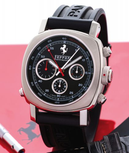 FERRARI BY PANERAI RATTRAPANTE STEEL.Ferrari, Engineered by Officine Panerai, Rattrapante, case No. BB.1224661, Ref. F 6657. Made circa 2006..Fine, cushion-shaped, large, water-resistant, self-winding, stainless.steel Chronometer wristwatch with round but