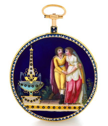 GREGSON GOLD ENAMEL.POCKET WATCH THE FOUNTAIN OF LOVE.Gregson, à Paris, No. 14084. Made circa 1800..Very fine, gold, painted on enamel and rose-cut diamond-set.pocket watch.