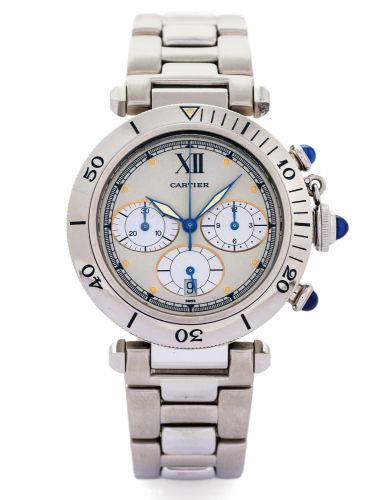CARTIER PASHA CHRONOGRAPH.Cartier, Swiss, Pasha, case No. R 4030 1254, Ref. 1050 1..Made in the 1990s..Fine, water-resistant, stainless steel quartz wristwatch with round button chronograph, registers, date and a.stainless steel Cartier link bracelet with