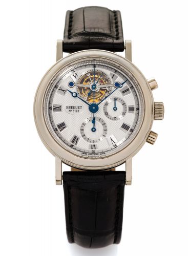 BREGUET REF. 3577 TOURBILLON.CHRONOGRAPHE WHITE GOLD.Breguet, Tourbillon Chronographe, No. 3167.Ref. 3577. Made circa 2000..Very fine, rare and important, 18K white gold wristwatch with visible one-minute tourbillon regulator, round button.chronograph, re