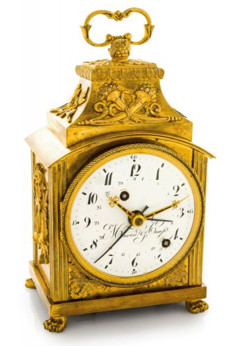 MEURON GRANDE PETITE SONNERIE PENDULE D'OFFICIER.Meuron Comp., (Neuchatel), movement No. 1976. Made circa 1800..Fine and rare, gilt-bronze Grande and Petite sonnerie striking Pendule.d'Officier with pull-wind alarm and calendar.