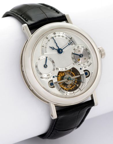 PLATINUM TOURBILLON PERPETUAL CALENDAR.Breguet, « Brevet du 7 Messidor An 9 », Tourbillon Perpetuel, No. 1243, Ref. 3757. Made circa 2005..Very fine and rare, large, platinum wristwatch with visible one-minute tourbillon regulator, perpetual.calendar with