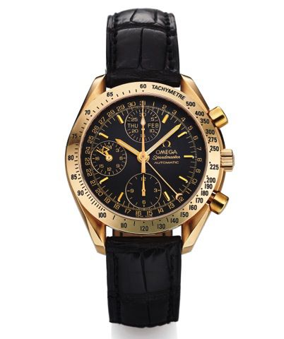 OMEGA SPEEDMASTER TRIPLE DATE PINK GOLD.Omega Speedmaster Triple-Date, Automatic, Ref. 175. 0084.case No. 56365717, made circa 2000's..Fine, self-winding, 18K pink gold wristwatch with round button.chronograph, registers, tachometer, 24 hours, and triple 