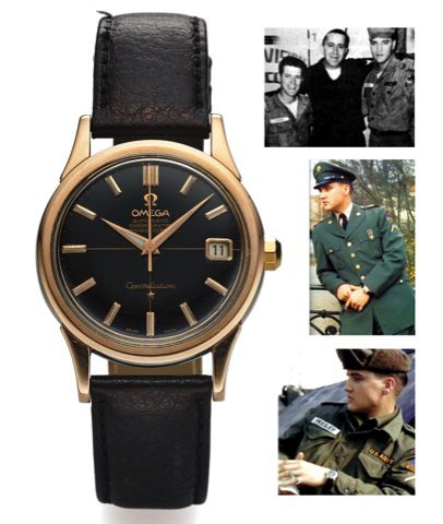 OMEGA BLACK DIAL CONSTELLATION CALENDAR.PREVIOUSLY OWNED BY ELVIS PRESLEY.Omega, Constellation, Calendar, Chronomètre, Officially.Certified, No. 16881537, Ref. KO 2943. Circa 1960..Fine and rare, self-winding, center seconds, water-resistant.stainless ste