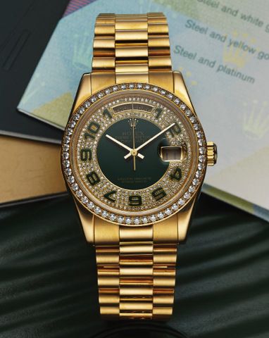 ROLEX REF 118348 DAY DATE.DIAMONDS AND YELLOW GOLD.Rolex, Oyster Perpetual Day-Date Superlative Chronometer Officially Certified, case No.Z074478.Ref. 118348. Sold on September 26th, 2007..Fine and rare, center seconds, self-winding, water-resistant, 18K 