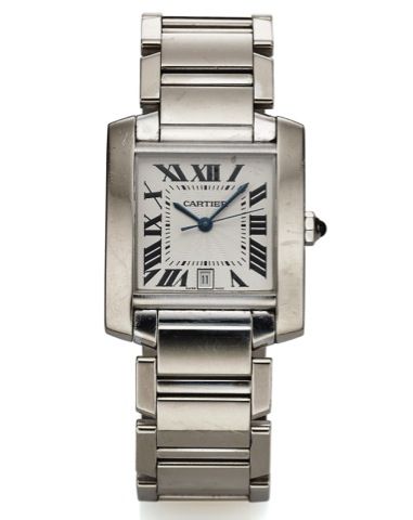 CARTIER REF. 2366 TANK FRANCAISE WHITE GOLD.Cartier, Tank Française, case No. MG 322111, Ref. 2366..Made in the 2000s..Fine, square and curved, center seconds, self-winding, water-.resistant 18K white gold wristwatch with date and a 18K.white gold Cartier