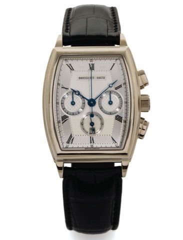 BREGUET REF. 5460 CHRONOGRAPH WHITE GOLD.Breguet, Chronograph, Automatic, No. 9872, Ref. 5460..Made circa 2004..Very fine, tonneau-shaped, curved, self-winding, water-resistant.18K white gold wristwatch with oval button chronograph, registers.date and an 