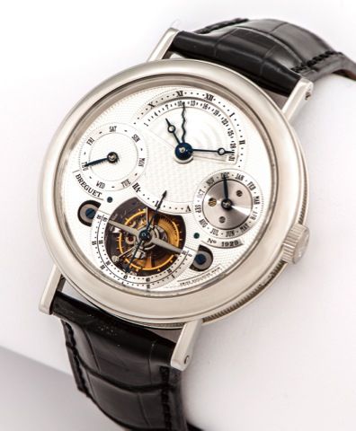 BREGUET REF 3757 TOURBILLON PERPETUAL CALENDAR PLATINUM.Breguet, « Brevet du 7 Messidor An 9 », Tourbillon Perpetuel, No. 3628, Ref. 3757. Made circa 2005..Very fine and rare, large, platinum wristwatch with visible one-minute tourbillon regulator, perpet