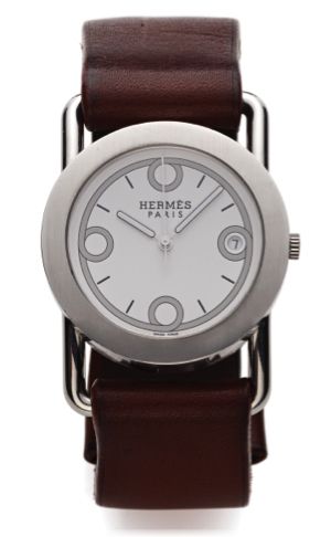 HERMÈS REF. BR1.710 BARENIA RONDO STEEL.Hermès, Paris, Barenia Rondo, No. 2350865, Ref. BR1.710..Made in the 2000s..Fine, stainless steel quartz wristwatch with date and a.Hermès leather strap. Accompanied by a Hermès box..Dial, case and movement signed.