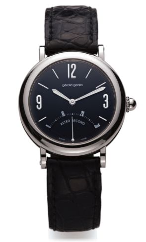 GERALD GENTA RETRO SECOND STEEL.Gerald Genta, Retro Second, case No. 94246, Ref. G.3610..Sold on December 24th, 1990..Fine, self-winding, stainless steel wristwatch with.retrograde seconds and a stainless steel Gerald Genta.buckle. Accompanied by a guaran