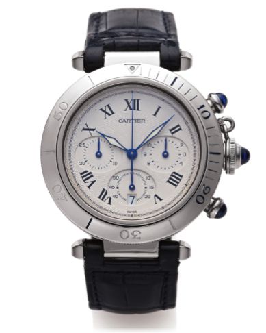 CARTIER PASHA CHRONOGRAPH STEEL.Cartier, Swiss, Pasha, case No. CC 388822, Ref. 1050..Made in the 1990s..Fine, water-resistant, stainless steel quartz wristwatch with.round button chronograph, registers, date and a stainless.steel Cartier deployant clasp.