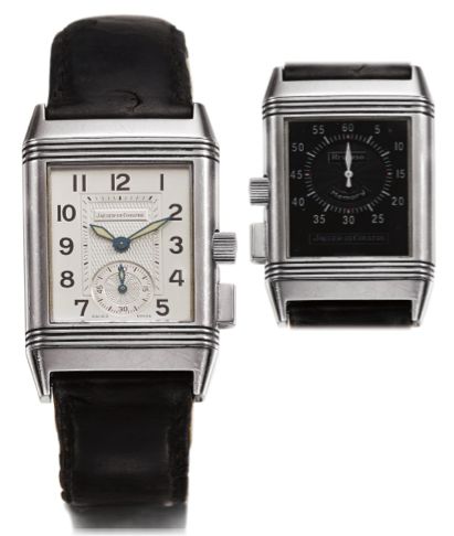 JAEGER LECOULTRE REVERSO MEMORY STEEL.Jaeger-LeCoultre, Reverso Memory, case No. 1965427, Ref. 255.8.82. Sold on February 3rd, 2000..Fine, rectangular, stainless steel reversible wristwatch with two.dials, permanent minute register and fly-back mechanism 