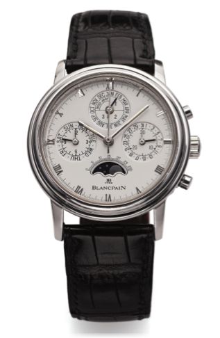 BLANCPAIN CHRONOGRAPHE CALENDRIER PERPETUEL STEEL.Blancpain, Chronograph Perpetual Calendar, case No. 12, Ref. 5585..Sold on June 24th, 1996..Fine and rare, self-winding, water-resistant, stainless steel wristwatch with round button chronograph, registers