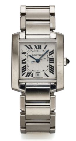 CARTIER REF. 2366 TANK FRANCAISE WHITE GOLD.Cartier, Tank Française, case No. MG 322111, Ref. 2366..Made in the 2000s..Fine, square and curved, center seconds, self-winding, waterresistant.18K white gold wristwatch with date and a 18K.white gold Cartier l