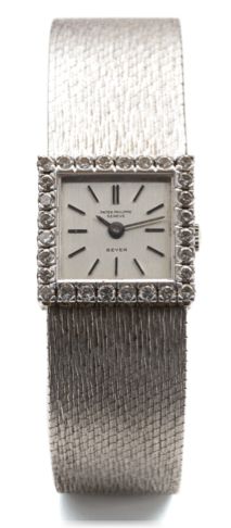PATEK PHILIPPE REF. 3364/1.DIAMOND AND WHITE GOLD.Patek Philippe, No.993047, case No.2660389.Ref. 3364/1. Made in 1967, retailed by Beyer and.sold on July 19th, 1968..Fine and rare, 18K white gold, diamonds lady's wristwatch with 18K white gold Patek Phil