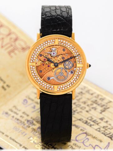VACHERON CONSTANTIN SKELETONIZED.YELLOW GOLD.DIAMONDS.Vacheron Constantin, Genève, No. 734249, case No. 561547.Ref. 36002. Sold on March 3rd, 1985..Very fine and rare, thin, skeletonized, 18K yellow gold and.diamond-set wristwatch with an 18K yellow gold 