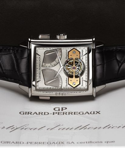 GIRARD-PERREGAUX VINTAGE 1945 XXL TOURBILLON MAGISTRAL SONNERIE AU PASSAGE PLATINUM.Girard-Perregaux, No. 7, Ref. 9971. Made in 2006..Very fine and rare, large, rectangular curved, manual winding, Platinum wristwatch with visible one-minute tourbillon.reg