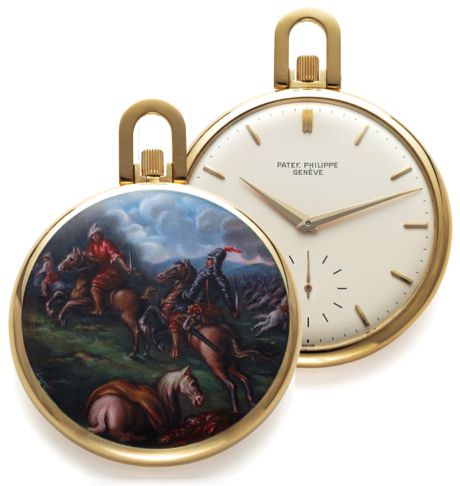 PATEK PHILIPPE REF. 866/4 UNIQUE WATCH WITH ENAMEL.MINIATURE GUERRE DES SOUABES BY MADAME BISCHOFF.Patek Philippe, Genève, movement No. 931912, case No. 433542, Ref. 866/12..Made in 1971..Unique and exceptional, 18K yellow gold, keyless dress watch with p