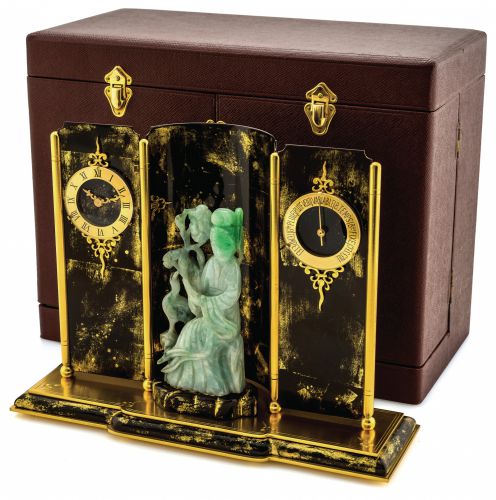 HOUR LAVIGNE DESK CLOCK.AND BAROMETER GILT JADE.Hour Lavigne, Swiss, movement No. 102984, No..90339/5272/983/1. Sold on June 7th, 1954..Fine and elegant, gilt-brass, painted metal and.carved jade, 8-day going desk clock and barometer.