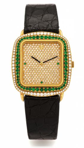 AUDEMARS PIGUET HAUTE JOAILLERIE.DIAMOND EMERALD WATCH YELLOW GOLD.Audemars Piguet, movement No. 383289, case No. D 9525..Made circa 2000..Very fine and extremely elegant, 18K yellow gold, diamond.and emerald-set wristwatch with an 18K yellow gold Audem