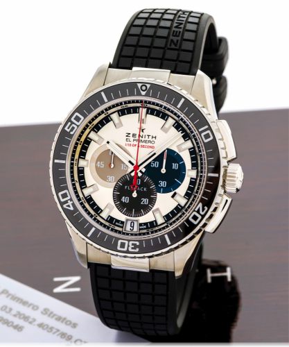 ZENITH EL PRIMERO STRATOS FLYBACK STRIKING 10.Zenith, El Primero Stratos Flyback Striking 10, tribute to Felixe.Baumgartner, Ref. 03.2062.4057. Made circa 2012..Very fine water-resistant self-winding wristwatch with chronograph..Accompanied by a fitted bo