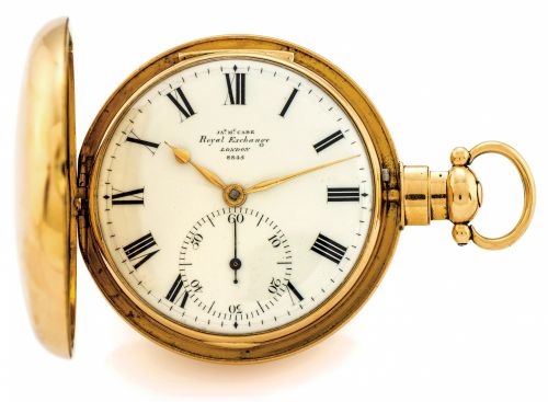 MCCABE HUNTING CASED WATCH.DUPLEX ESCAPEMENT YELLOW GOLD.James McCabe, Royal Exchange, London, No. 8845. Case.by Thomas Warren, with London hallmarks for 1818-19..Very fine and rare, large, 18K gold hunting-cased pocket.watch with duplex escapement..Dial,