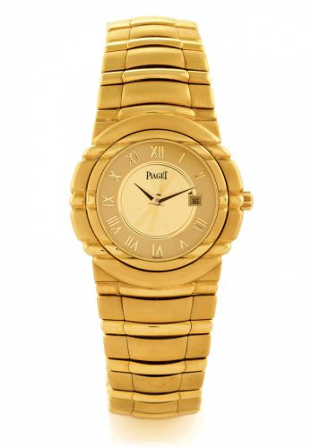 PIAGET REF. 17041 TANAGRA YELLOW GOLD.Piaget, Tanagra, case No. 630073, Ref. No. 17041. Made circa 2000..Fine, water-resistant, heavy 18K yellow gold quartz wristwatch with.date and an integral 18K yellow gold Tanagra link bracelet with.concealed double d