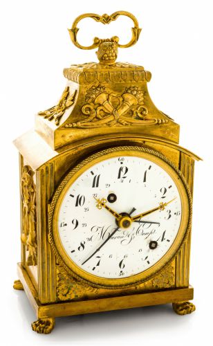 MEURON GRANDE PETITE.SONNERIE PENDULE D'OFFICIER.Meuron Comp., (Neuchatel), movement No. 1976..Made circa 1800..Fine and rare, gilt-bronze Grande and Petite sonnerie striking.Pendule d'Officier with pull-wind alarm and calendar.