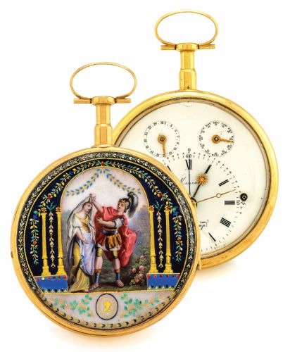 MEURON CALENDAR WATCH WITH EQUATION OF TIME SPECIAL ESCAPEMENT ENAMEL YELLOW GOLD.Meuron Comp., case No. 1133. Made circa 1810..Very fine and extremely rare, gold and painted on enamel pocket watch with dual-calendar, equation of time indication, de