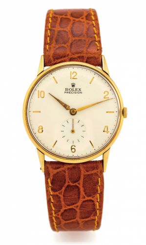 ROLEX PRECISION REF. 3667 YELLOW GOLD.Rolex, Geneve, Precision, case No. no longer visible, Ref. 3667..Made circa 1950s..Fine, round, yellow gold wristwatch with a Rolex gold-plated.buckle..Dial, case and movement signed.