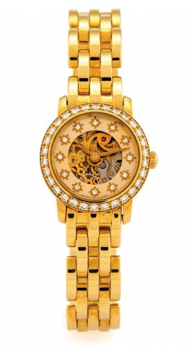 BLANCPAIN LADYBIRD.DIAMONDS YELLOW GOLD.Blancpain, Ladybird, case No. 8. Made in the 1990s..Fine, 18K yellow gold and diamond-set lady's wristwatch with.skeletonized movement and an 18K yellow gold Blancpain.bracelet with double deployant clasp.