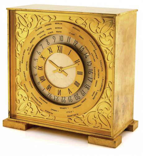 HOUR LAVIGNE WORLD TIME DESK CLOCK.Hour Lavigne, France, No. 7650, Ref. 3778-24. Made circa 1960..Fine, 8-day going world-time desk clock.