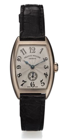 FRANCK MULLER REF. 1752 S6 WHITE GOLD.Franck Muller, Genève, Cintrée Curvex, No. 32.Ref. 1752 S6. Made in the 2000s..Very fine, tonneau-shaped and curved, 18K white gold.wristwatch with an 18K white gold Franck Muller buckle..Dial, case, and movement sign