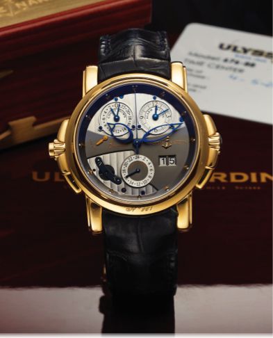 ULYSSE NARDIN SONATA DUAL TIME ALARM PINK GOLD.Ulysse Nardin, Le Locle, Swiss, Sonata Cathedral Dual Time, No. 967, Ref. 676-88. Made in 2008, sold April 5th, 2009..Production of this reference started in 2003..Very fine, rare and unusual, large, center s