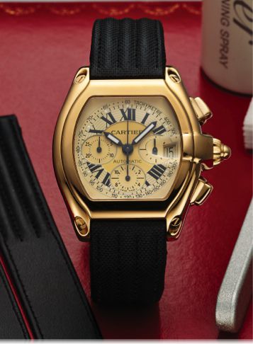 CARTIER REF. 2619 ROADSTER.AUTOMATIC CHRONOGRAPH YELLOW GOLD.Cartier, Roadster Chronograph, Automatic, case No. 108851 LX.Ref. 2619. Sold October 3rd, 2000..Fine, large, tonneau-shaped, curved, self-winding, water resistant.to 100 m, 18K yellow gold wrist