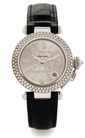 CARTIER PASHA.DIAMONDS WHITE GOLD.Cartier, Pasha, case No. MG283731, Ref. 2308. Made in the 1990s..Very fine, center-seconds, self-winding, water-resistant.diamond-set 18K white gold wristwatch with date and an 18K.white gold Cartier buckle.