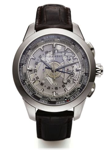 VILLEMONT WORLD TIME LIMITED EDITION STEEL.Villemont, Geneve, Les Heures du Monde - Wings Bridges,.No. 02 / 25, case No. 90233..Made in a limited series of 25 pieces in 2008..Fine, large, water resistant, self-winding, center seconds.stainless steel skele