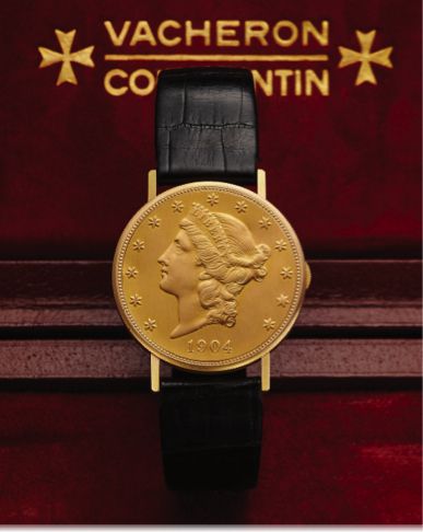 VACHERON CONSTANTIN REF. 6510 COIN WATCH.Vacheron Constantin, Genève, No. 588929, case No. 421363. Ref. 6510. Made in the 1980's..Very fine and rare, 18K yellow gold wristwatch inserted in a U.S..20 Dollar gold coin dated 1904 with an 18K yellow Vache