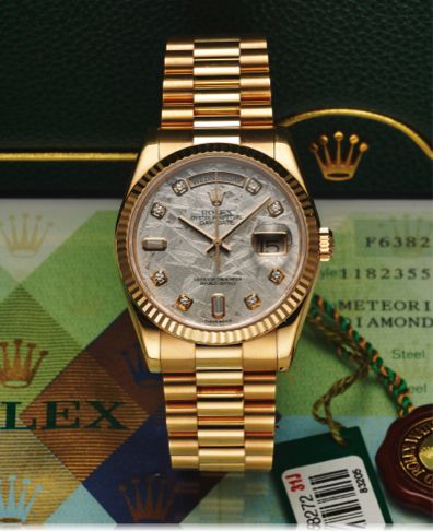 ROLEX REF. 118235 METEORITE.DIAMOND DIAL PINK GOLD.Rolex, Oyster Perpetual, Day-Date, Superlative Chronometer Officially Certified, case No. F638272, Ref. 118235. Made in 2004.sold January 21st, 2005..Very fine, center seconds, self-winding, water-resista
