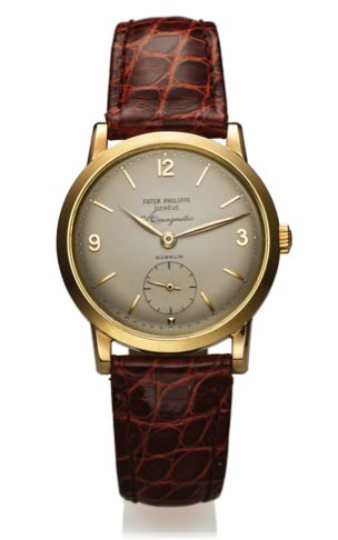 PATEK PHILIPPE REF. 2570 AMAGNETIC.RETAILED BY GUBELIN YELLOW GOLD.Patek Philippe, Genève, Retailed by Gubelin, Amagnetic,.movement No. 728841, case No. 697206, Ref. 2570-1. Made in.the late 1950s..Very fine and rare, water-resistant, 18K yellow gold anti