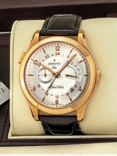 ZENITH GRANDE CLASS RESERVE DE MARCHE.DUAL TIME PINK GOLD.Zenith, Grande Class, Elite, Reserve de marche, Dual Time.No. 54, Ref. 18.0520.683. Sold in January, 2010..Fine, water-resistant, self-winding, 18K pink gold wristwatch with.two-time-zones, date an