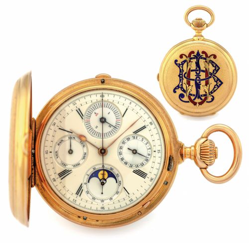POITEVIN PERPETUAL CALENDAR CHRONOGRAPH WATCH YELLOW GOLD.B. Poitevin, No. 35679. Made circa 1890..Very fine and rare, large, heavy 18K yellow gold and enamel, hunting-cased, keyless.pocket watch with gold wheel train, perpetual calendar, chronograph an