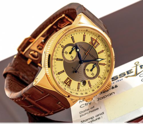 ULYSSE NARDIN REF. 356-66 MAXI MARINE.CHRONOGRAPH PINK GOLD.Ulysse Nardin, Blue Seal Maxi Marine Chronograph, No. 056.Ref. 356-66. Made circa 2010..Fine, self-winding, water-resistant, 18K pink gold wristwatch with.date and chronograph and a Ulysse Nardin
