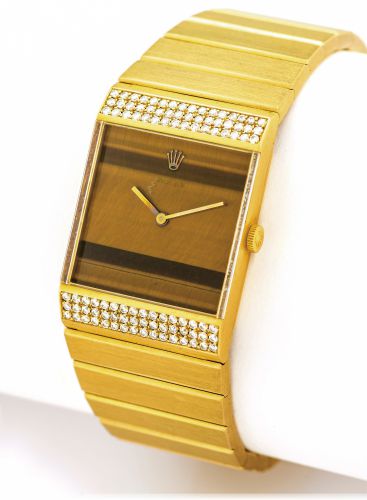 ROLEX REF. 4611 CELLINI.KING MIDAS TIGER EYE DIAL.Rolex, Genève, Cellini, King Midas, case No. 4207638.No. 3552, Ref. 4611. Made in 1976..Fine and very rare, elegant, heavy 18K yellow gold.and diamond wristwatch with an integral 18K yellow.gold Rolex link
