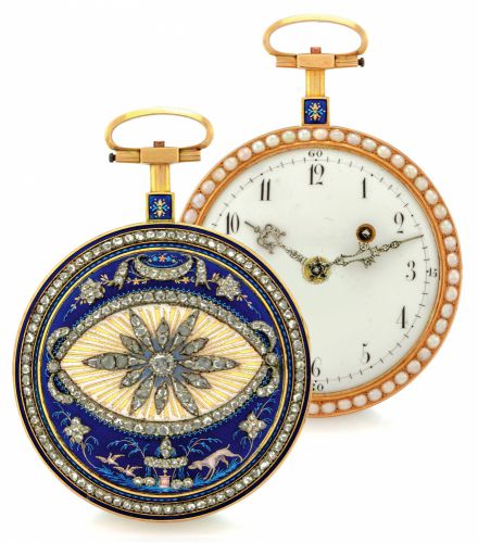 LEONARD BORDIER WATCH.GOLD, ENAMEL, PEARL.DIAMOND.Leonard Bordier, No. 3433. Made circa 1790..Very fine and rare, gold, painted on enamel, pearl and.rose-cut diamond-set pocket watch with outer glazed giltmetal.protective case.