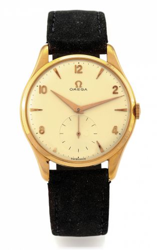 OMEGA REF. 2620 PINK GOLD.Omega, movement No. 14383107, case No. 10815886.Ref. 2620. Made in the 1950s..Fine, large, 18K pink gold wristwatch..Dial, case and movement signed.