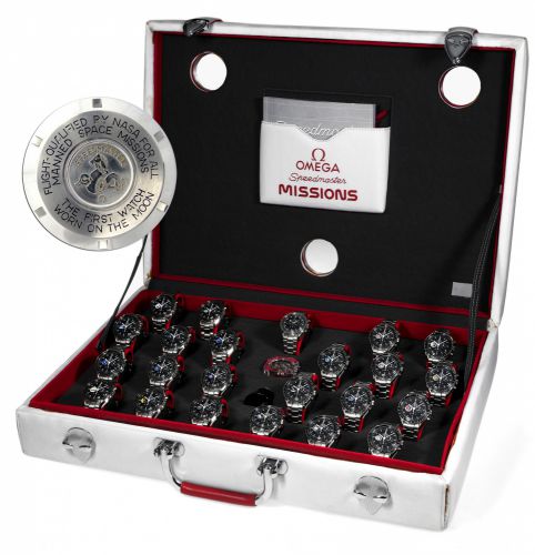 OMEGA SPEEDMASTER MISSIONS COLLECTION.Omega, Speedmaster Missions Collection, No. 24 of 40 sets. Sold circa 2004..Extremely rare and impressive set of 23 Omega Speedmaster wristwatches in a large fitted case.comprising 22 Omega Speedmaster Professionals, 