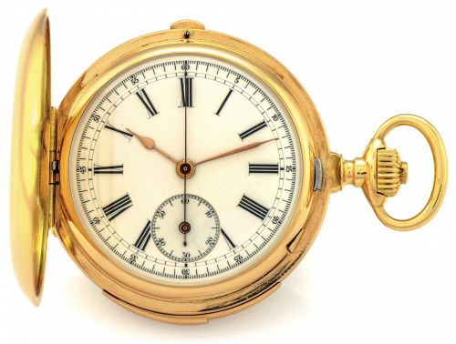 MONS B. POITEVIN V. LEJEUNE.MINUTE REPEATING CHRONOGRAPH.Mons B. Poitevin V. Lejeune, L. Gironde Succr..22 Rue Vivienne, Paris, No. 59575. Made circa 1890..Very fine, 18K yellow gold, minute-repeating, hunting cased.keyless pocket watch with chronog